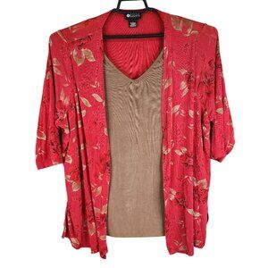 Womens Maggie Barnes Red Floral Over Tan Blouse Top Long Sleeve Layered Look 1X